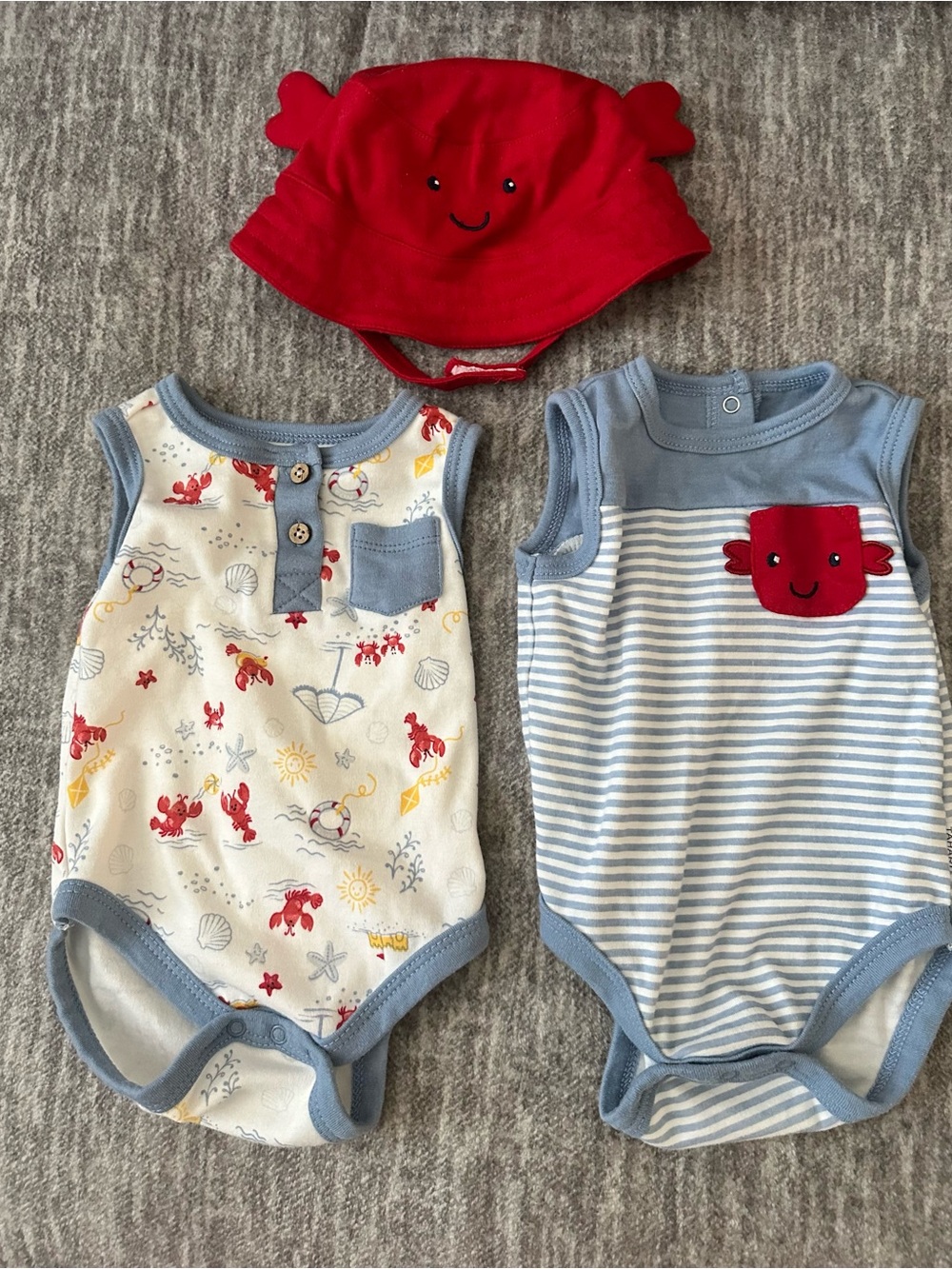 Blue & Red Crab Baby One-Piece Bodysuit Set with Red Crab Hat